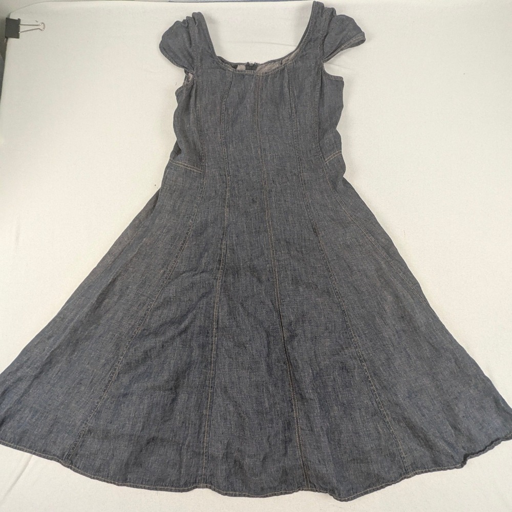 Talbots Women 8 Dark Indigo 100% Linen Fit & Flare Midi Dress Cap Sleeve Square